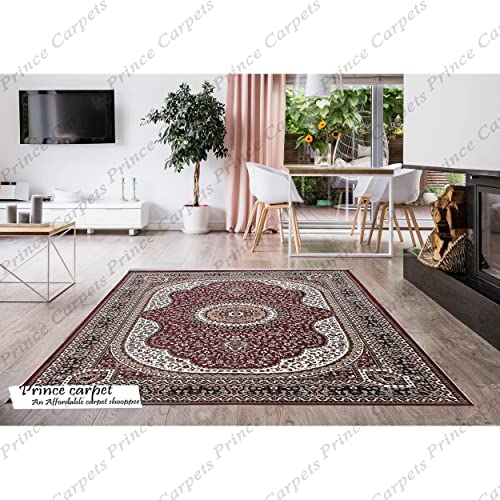 Prince Carpets Kashmiri Supersoft Wool Blend Persian Carpet for Living Room Bedroom Dining Room Hall with 15mm Thickness Non Slip Washable Carpet Maroon Color 8 x 11 feet