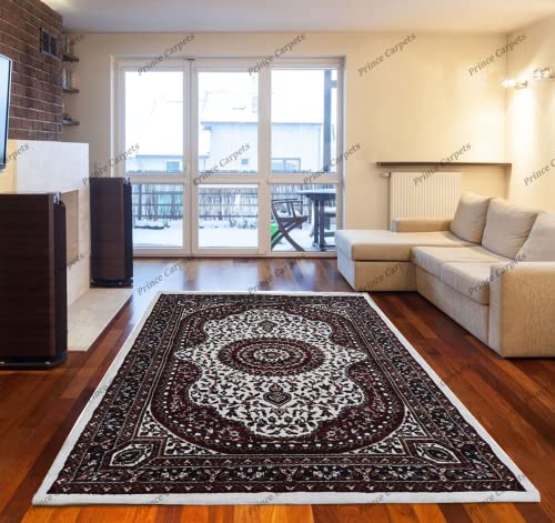 Prince Carpets Kashmiri Supersoft Wool Blend Persian Carpet for Living Room Bedroom Dining Room Hall with 15mm Thickness Non Slip Washable Carpet White Color 9 x 12 feet