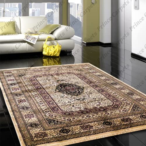 Prince Carpets Supersoft Kashmiri Silk Luxury Persian Design Anti Skid Backing Washable Carpets for Living Room Bedroom Drawing Room Hall Home Cream Color 8 x 11 feet