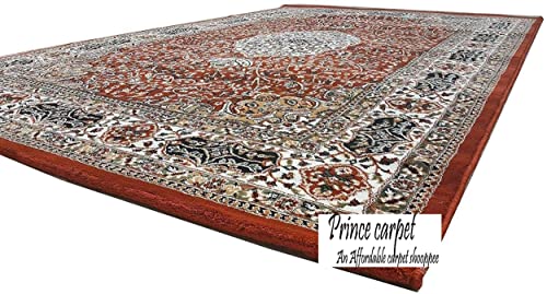 Prince Carpets Kashmiri Supersoft Wool Blend Persian Carpet for Living Room Bedroom Dining Room Hall with 15mm Thickness Non Slip Washable Carpet Rust Color 9 x 12 feet