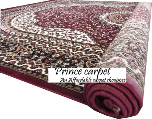 Prince Carpets Kashmiri Supersoft Wool Blend Persian Design Carpet for Living Room Bedroom Dining Room Hall with 1 inch Thickness Anti Skid Backing Washable Carpet Red Color 8 x 11 feet