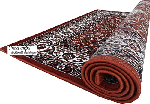 Prince Carpets Kashmiri Supersoft Wool Blend Persian Carpet for Living Room Bedroom Dining Room Hall with 15mm Thickness Non Slip Washable Carpet Rust Color 9 x 12 feet