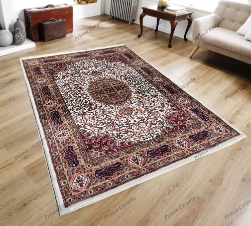 Prince Carpets Kashmiri Supersoft Wool Blend Persian Carpet for Living Room Bedroom Dining Room Hall with 15mm Thickness Non Slip Washable Carpet White Color 9 x 12 feet