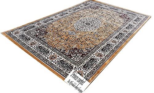 Prince Carpets Kashmiri Supersoft Wool Blend Persian Carpet for Living Room Bedroom Dining Room Hall with 15mm Thickness Non Slip Washable Carpet Gold Color 9 x 12 feet