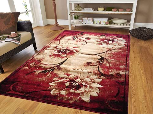 Prince Carpets Embossed Carved Supersoft Wool Blend Modern Design Carpets for Living Room Home Bedroom Drawing Room Hall with 1 inch Thickness Red Color 5 x 7 feet