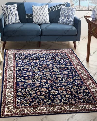 Prince Carpets Kashmiri Persian Design Supersoft Wool Blend Carpet for Living Room with 1 inch Thickness Anti Skid Backing Washable Carpet Blue Color 8 x 11 feet