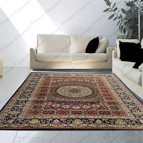 Prince Carpets Kashmiri Supersoft Wool Blend Persian Design Carpet for Living Room Bedroom Drawing Room Hall Anti Slip Backing Thick Washable Carpet Blue Color 6 x 9 feet