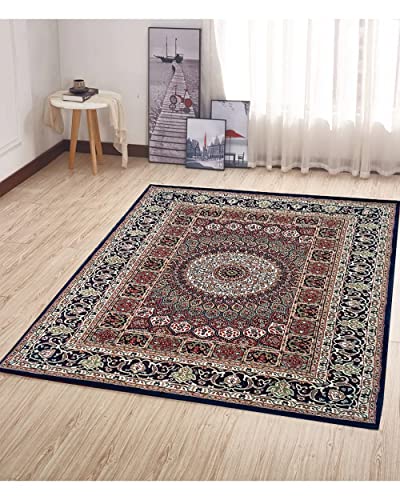 Prince Carpets Kashmiri Supersoft Wool Blend Persian Design Carpet for Living Room Bedroom Drawing Room Hall Anti Slip Backing Thick Washable Carpet Blue Color 6 x 9 feet