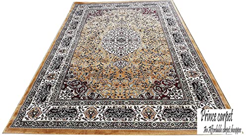 Prince Carpets Kashmiri Supersoft Wool Blend Persian Carpet for Living Room Bedroom Dining Room Hall with 15mm Thickness Non Slip Washable Carpet Gold Color 9 x 12 feet