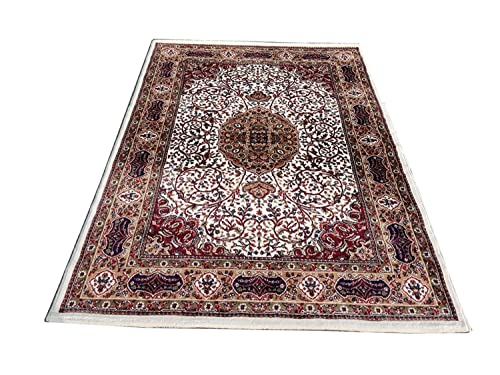 Prince Carpets Kashmiri Supersoft Wool Blend Persian Carpet for Living Room Bedroom Dining Room Hall with 15mm Thickness Non Slip Washable Carpet White Color 9 x 12 feet