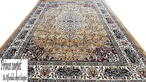 Prince Carpets Kashmiri Supersoft Wool Blend Persian Carpet for Living Room Bedroom Dining Room Hall with 15mm Thickness Non Slip Washable Carpet Gold Color 9 x 12 feet
