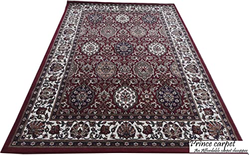 Prince Carpets Kashmiri Supersoft Wool Blend Persian Carpet for Living Room Bedroom Dining Room Hall with 15mm Thickness Non Slip Washable Carpet Maroon Color 8 x 11 feet