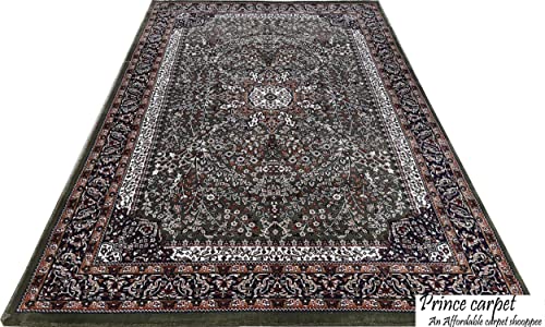 Prince Carpets Kashmiri Supersoft Wool Blend Persian Carpet for Living Room Bedroom Dining Room Hall with 15mm Thickness Non Slip Washable Carpet Green Color 8 x 11 feet