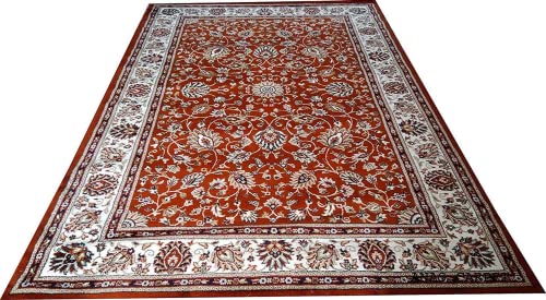 Prince Carpets Kashmiri Supersoft Wool Blend Persian Design Carpet for Living Room Bedroom Drawing Room Hall Anti Slip Backing Thick Washable Carpet Rust Color 4 x 6 feet