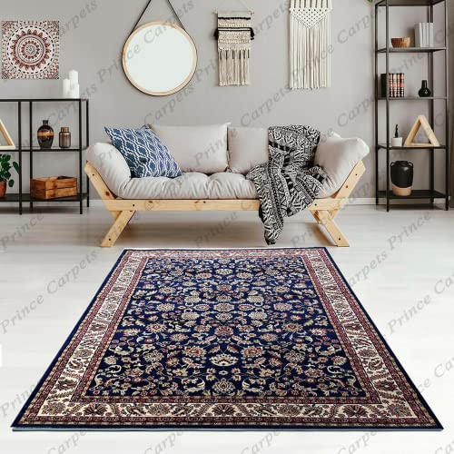 Prince Carpets Kashmiri Supersoft Wool Blend Persian Design Carpet for Living Room Bedroom Drawing Room Hall Anti Slip Backing Thick Washable Carpet Blue Color 5 x 7 feet