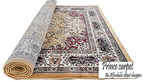 Prince Carpets Kashmiri Supersoft Wool Blend Persian Carpet for Living Room Bedroom Dining Room Hall with 15mm Thickness Non Slip Washable Carpet Gold Color 9 x 12 feet