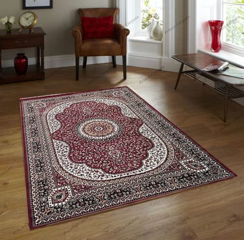 Prince Carpets Kashmiri Supersoft Wool Blend Persian Carpet for Living Room Bedroom Dining Room Hall with 15mm Thickness Non Slip Washable Carpet Maroon Color 8 x 11 feet