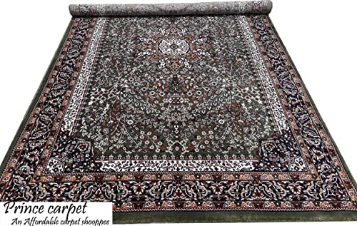 Prince Carpets Kashmiri Supersoft Wool Blend Persian Carpet for Living Room Bedroom Dining Room Hall with 15mm Thickness Non Slip Washable Carpet Green Color 8 x 11 feet