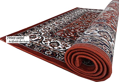 Prince Carpets Kashmiri Supersoft Wool Blend Persian Carpet for Living Room Bedroom Dining Room Hall with 15mm Thickness Non Slip Washable Carpet Rust Color 9 x 12 feet