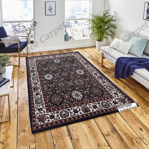 Prince Carpets Kashmiri Supersoft Wool Blend Persian Carpet for Living Room Bedroom Dining Room Hall with 15mm Thickness Non Slip Washable Carpet Blue Color 4 x 6 feet