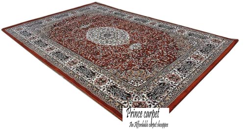 Prince Carpets Kashmiri Supersoft Wool Blend Persian Carpet for Living Room Bedroom Dining Room Hall with 15mm Thickness Non Slip Washable Carpet Rust Color 9 x 12 feet