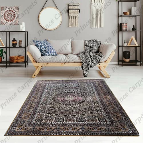 Prince Carpets Kashmiri Supersoft Wool Blend Persian Carpet for Living Room Bedroom Dining Room Hall with 15mm Thickness Non Slip Washable Carpet Gold Color 5 x 7 feet