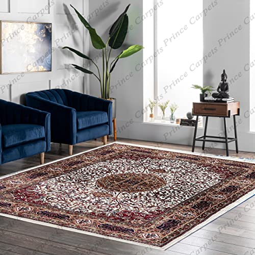 Prince Carpets Kashmiri Supersoft Wool Blend Persian Carpet for Living Room Bedroom Dining Room Hall with 15mm Thickness Non Slip Washable Carpet White Color 9 x 12 feet