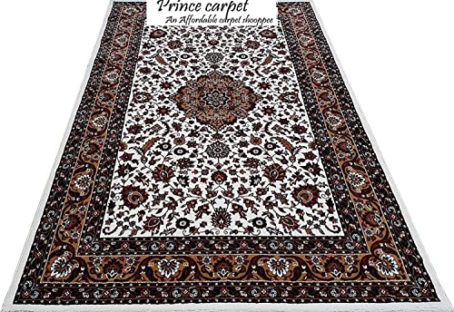 Prince Carpets Kashmiri Supersoft Wool Blend Persian Carpet for Living Room Bedroom Dining Room Hall with 15mm Thickness Non Slip Washable Carpet White Color 9 x 12 feet
