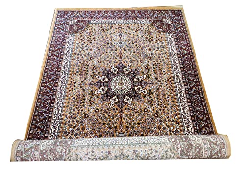 Prince Carpets Kashmiri Supersoft Wool Blend Persian Carpet for Living Room Bedroom Dining Room Hall with 15mm Thickness Non Slip Washable Carpet Gold Color 8 x 11 feet