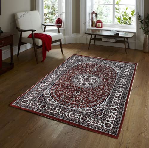 Prince Carpets Kashmiri Supersoft Wool Blend Persian Carpet for Living Room Bedroom Dining Room Hall with 15mm Thickness Non Slip Washable Carpet Rust Color 5 x 7 feet