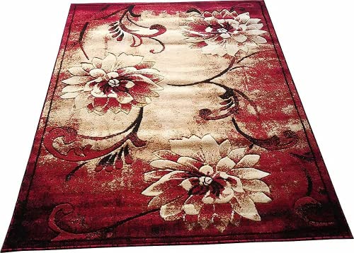 Prince Carpets Embossed Carved Supersoft Wool Blend Modern Design Carpets for Living Room Home Bedroom Drawing Room Hall with 1 inch Thickness Red Color 5 x 7 feet