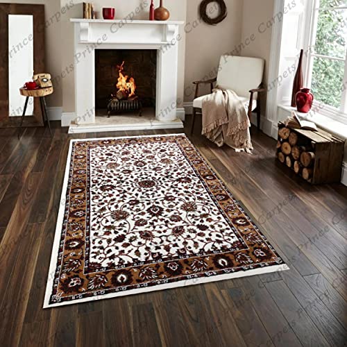 Prince Carpets Kashmiri Supersoft Wool Blend Persian Carpet for Living Room Bedroom Dining Room Hall with 15mm Thickness Non Slip Washable Carpet White Color 3 x 5 feet