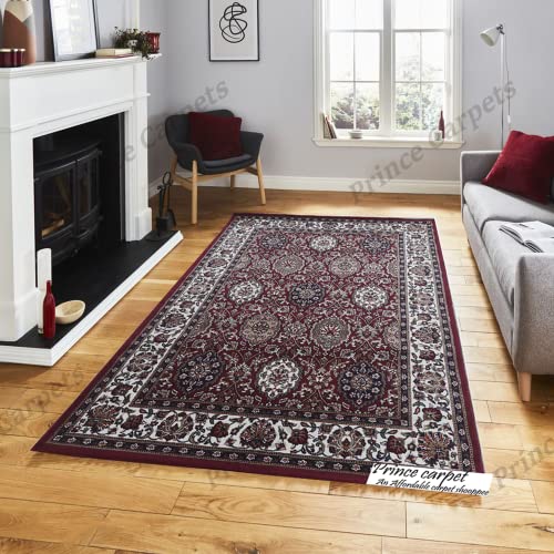Prince Carpets Kashmiri Supersoft Wool Blend Persian Carpet for Living Room Bedroom Dining Room Hall with 15mm Thickness Non Slip Washable Carpet Maroon Color 8 x 11 feet