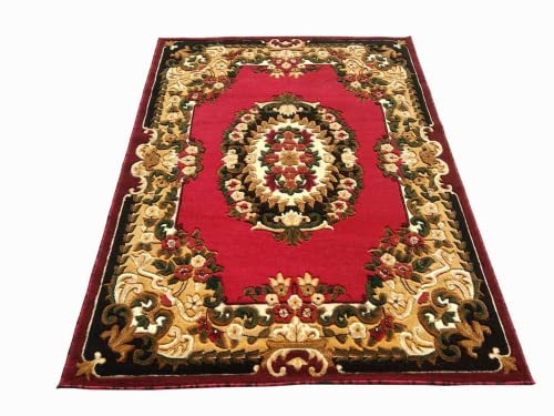 Prince Carpets Embossed Carved Supersoft Wool Blend Modern Design Carpets for Living Room Home Bedroom Drawing Room Hall with 1 inch Thickness Red Color 4 x 5 feet