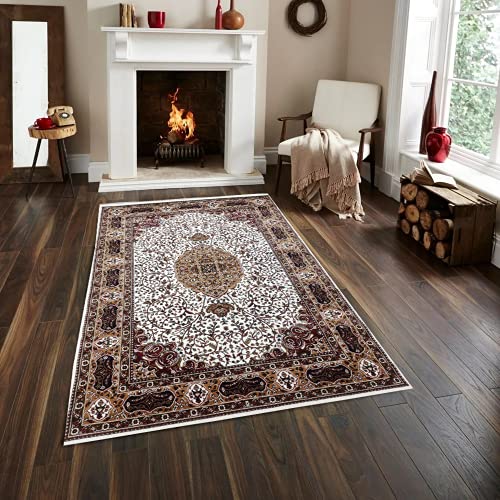 Prince Carpets Floral Design Soft Plushy Carpets for Home Bedroom Hall and Living Room (White, 5 x 7)