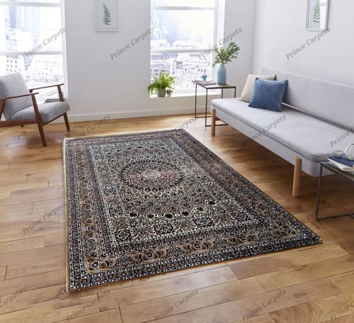 Prince Carpets Kashmiri Supersoft Wool Blend Persian Carpet for Living Room Bedroom Dining Room Hall with 15mm Thickness Non Slip Washable Carpet Gold Color 5 x 7 feet