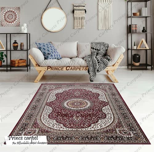 Prince Carpets Kashmiri Supersoft Wool Blend Persian Design Carpet for Living Room Bedroom Dining Room Hall with 1 inch Thickness Anti Skid Backing Washable Carpet Red Color 8 x 11 feet