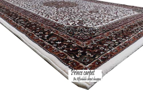 Prince Carpets Kashmiri Supersoft Wool Blend Persian Design Carpet for Living Room Bedroom Drawing Room Hall Anti Slip Backing Thick Washable Carpet White Color 8 x 11 feet