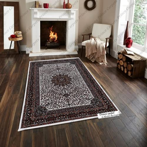 Prince Carpets Kashmiri Supersoft Wool Blend Persian Carpet for Living Room Bedroom Dining Room Hall with 15mm Thickness Non Slip Washable Carpet White Color 3 x 5 feet