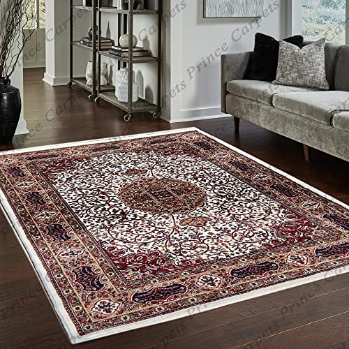 Prince Carpets Kashmiri Supersoft Wool Blend Persian Carpet for Living Room Bedroom Dining Room Hall with 15mm Thickness Non Slip Washable Carpet White Color 9 x 12 feet