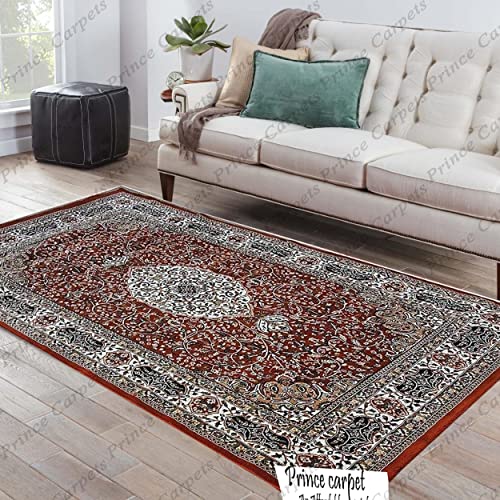 Prince Carpets Kashmiri Supersoft Wool Blend Persian Carpet for Living Room Bedroom Dining Room Hall with 15mm Thickness Non Slip Washable Carpet Rust Color 9 x 12 feet