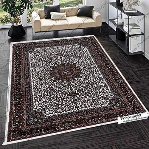 Prince Carpets Kashmiri Supersoft Wool Blend Persian Carpet for Living Room Bedroom Dining Room Hall with 15mm Thickness Non Slip Washable Carpet White Color 3 x 5 feet