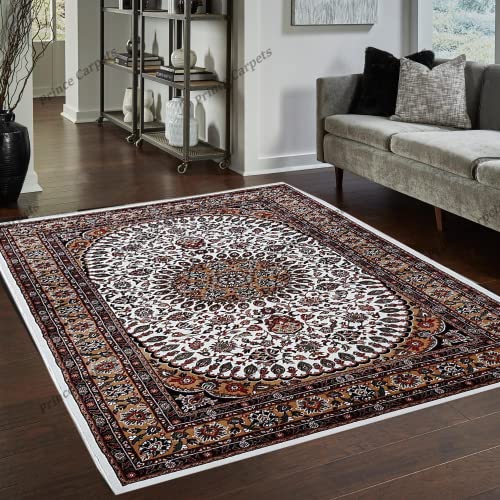 Prince Carpets Kashmiri Supersoft Wool Blend Persian Carpet for Living Room Bedroom Dining Room Hall with 15mm Thickness Non Slip Washable Carpet White Color 5 x 7 feet