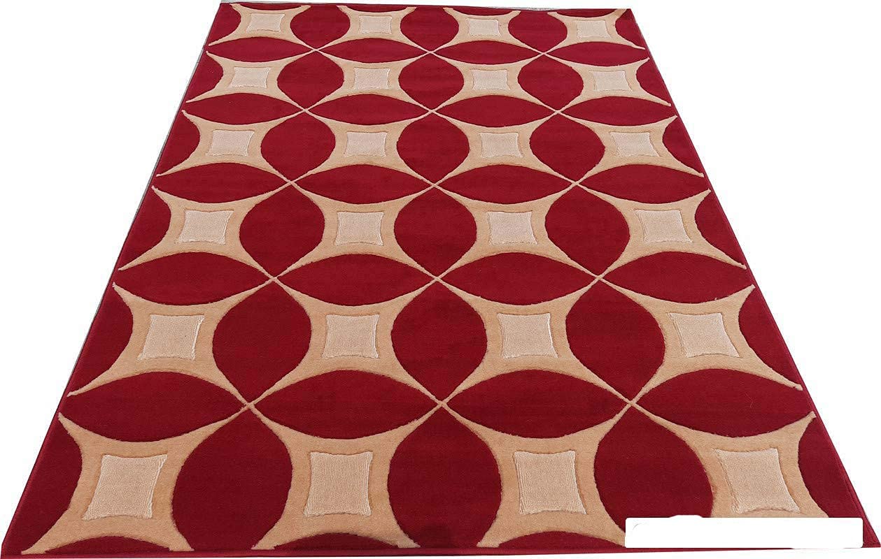 Prince Carpets Embossed Carved Supersoft Wool Blend Modern Design Carpets for Living Room Home Bedroom Drawing Room Hall with 1 inch Thickness Red Color 5 x 7 feet