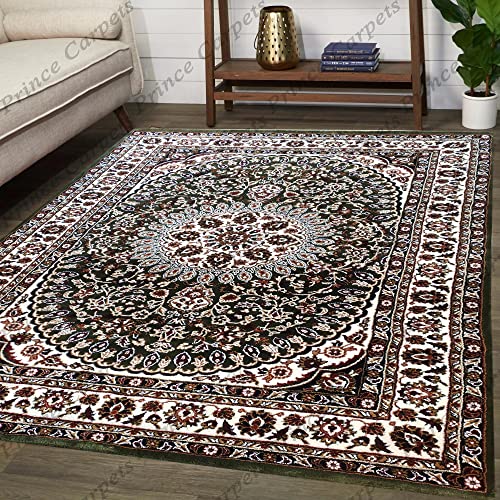Prince Carpets Kashmiri Supersoft Wool Blend Persian Carpet for Living Room Bedroom Dining Room Hall with 15mm Thickness Non Slip Washable Carpet Green Color 8 x 11 feet