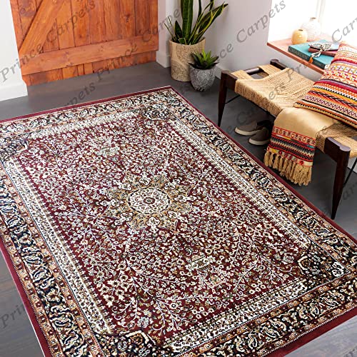 Prince Carpets Kashmiri Supersoft Wool Blend Persian Carpet for Living Room Bedroom Dining Room Hall with 15mm Thickness Non Slip Washable Carpet Maroon Color 9 x 12 feet