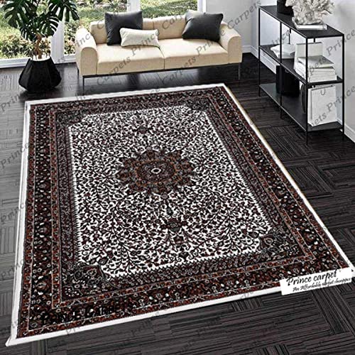 Prince Carpets Kashmiri Supersoft Wool Blend Persian Carpet for Living Room Bedroom Dining Room Hall with 15mm Thickness Non Slip Washable Carpet White Color 3 x 5 feet
