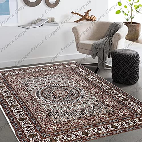 Prince Carpets Kashmiri Supersoft Wool Blend Persian Carpet for Living Room Bedroom Dining Room Hall with 15mm Thickness Non Slip Washable Carpet White Color 3 x 5 feet