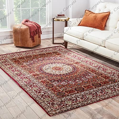 Prince Carpets Kashmiri Supersoft Wool Blend Persian Carpet for Living Room Bedroom Dining Room Hall with 15mm Thickness Non Slip Washable Carpet Maroon Color 5 x 7 feet