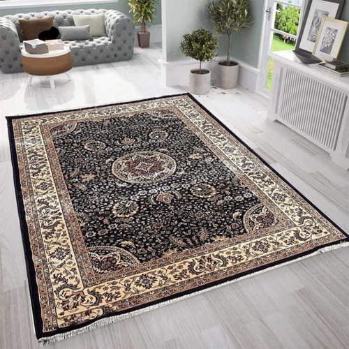 Prince Carpets Supersoft Kashmiri Silk Luxury Persian Design Anti Skid Backing Washable Carpets for Living Room Bedroom Drawing Room Hall Home Black Color 3 x 5 feet